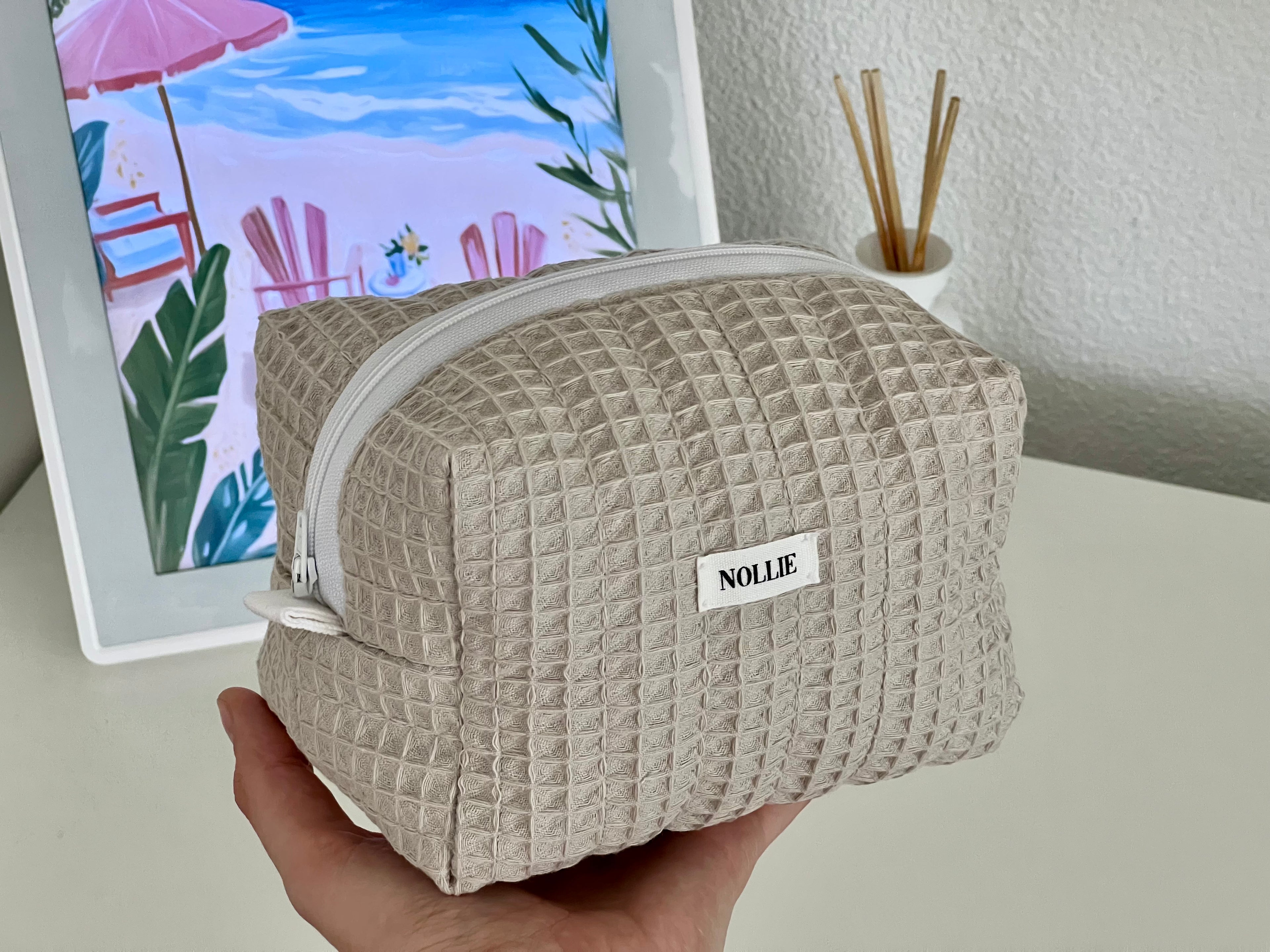 Beige Waffle Makeup Bag